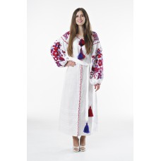 Boho Style Ukrainian Embroidered Dress "Boho Birds" red on white 